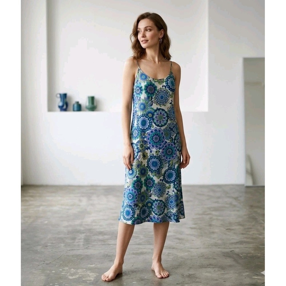 Bar III Womens Large Floral Medallion Slitted Slip Dress Blue Green Scoop Neck